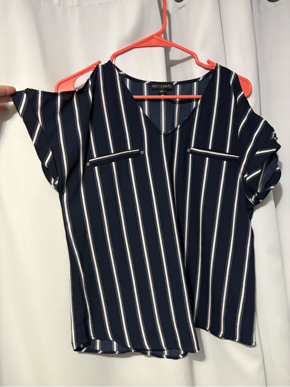 Riley & James Navy Striped Cold-Shoulder Blouse